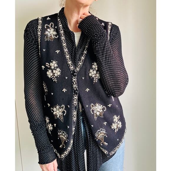Embellished 90s Sweater Vest Vintage Black Knit with Gold Beads Size Medium - Picture 1 of 9